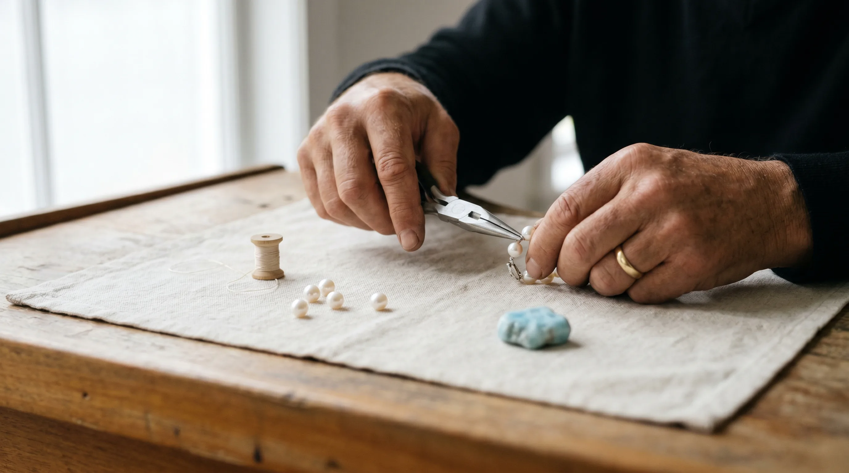 Hands at the bench, finishing a clasp